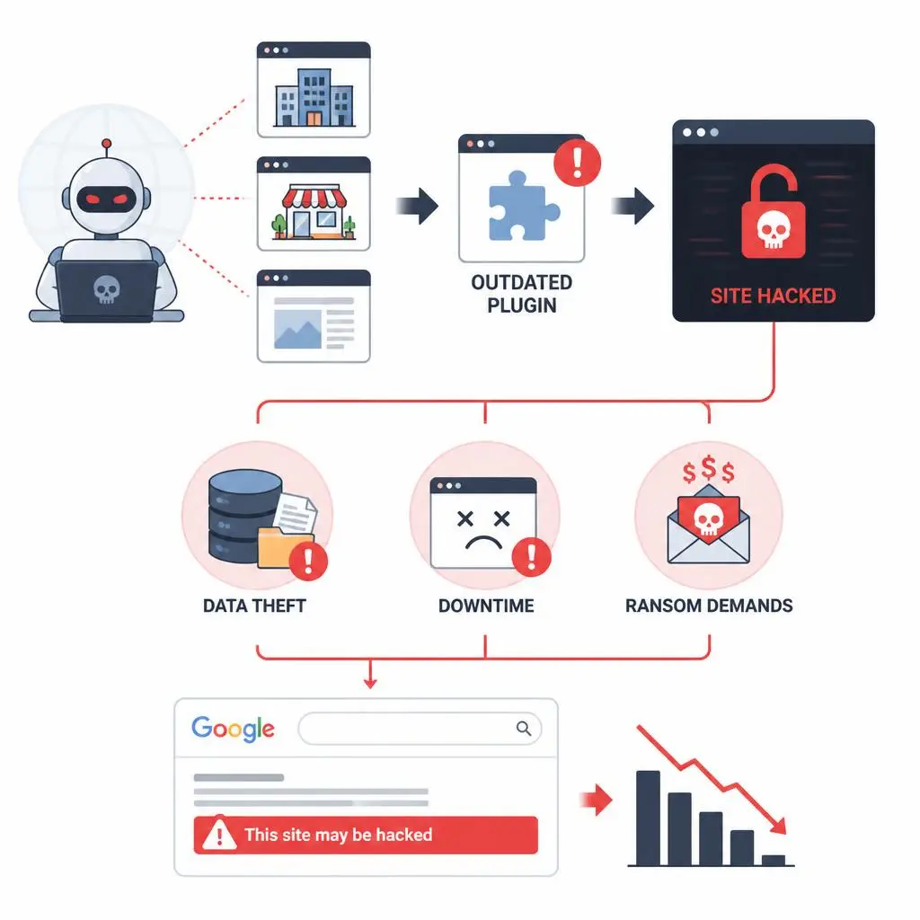 Cybersecurity professional protecting a WordPress website with digital shield, firewall, malware protection, SSL encryption, and secure network icons representing website security in 2026.