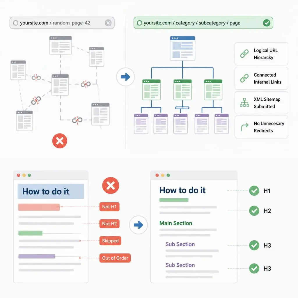Illustration of an SEO-friendly website architecture showing a clear page hierarchy, logical navigation, organized internal links, and search engine crawling paths.