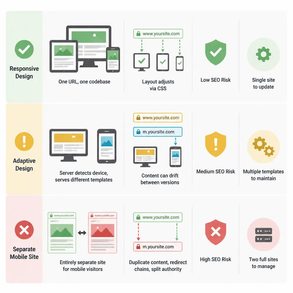 Comparison of responsive design, adaptive design, and separate mobile websites, highlighting their layouts, device compatibility, and SEO impact.