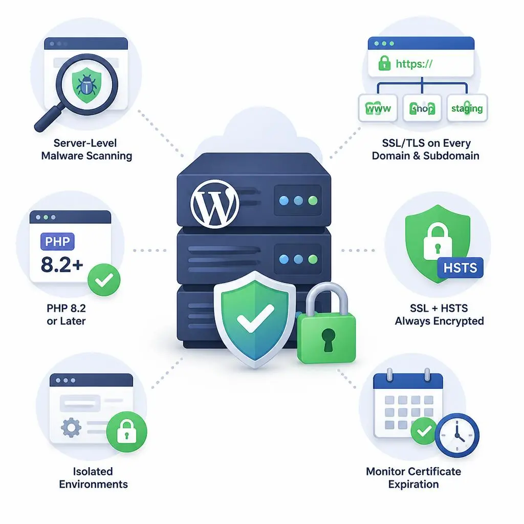 Illustration of secure WordPress hosting with SSL certificate, HTTPS encryption, secure server, and website protection icons.