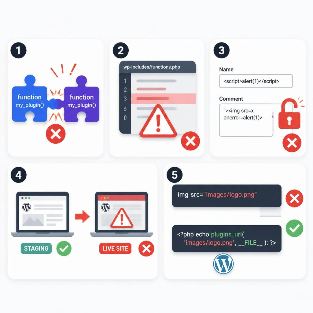 Common WordPress plugin development mistakes that can break plugins in production.