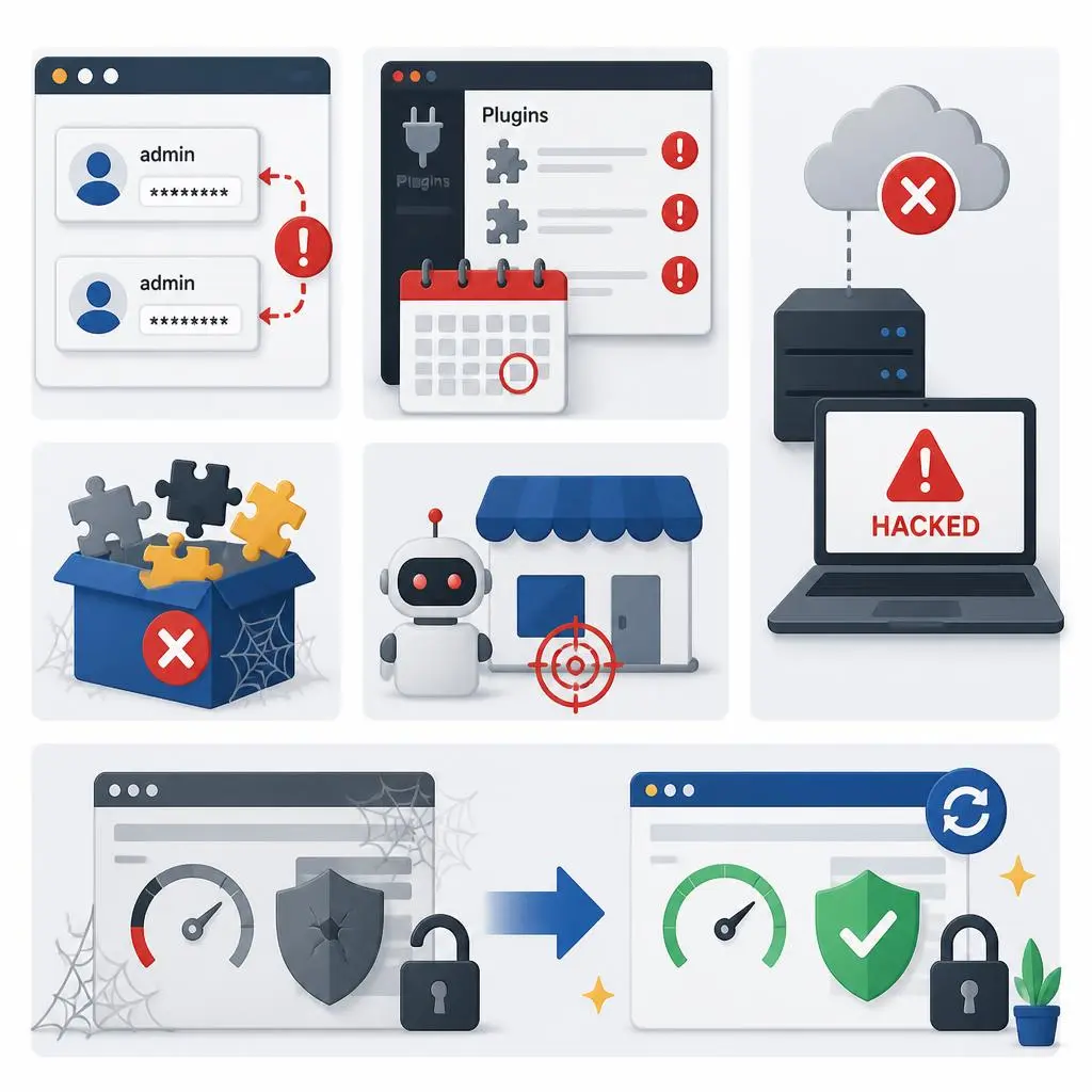 Website security mistakes exposing a WordPress site to hackers, including weak passwords, outdated plugins, missing SSL, and malware attacks.