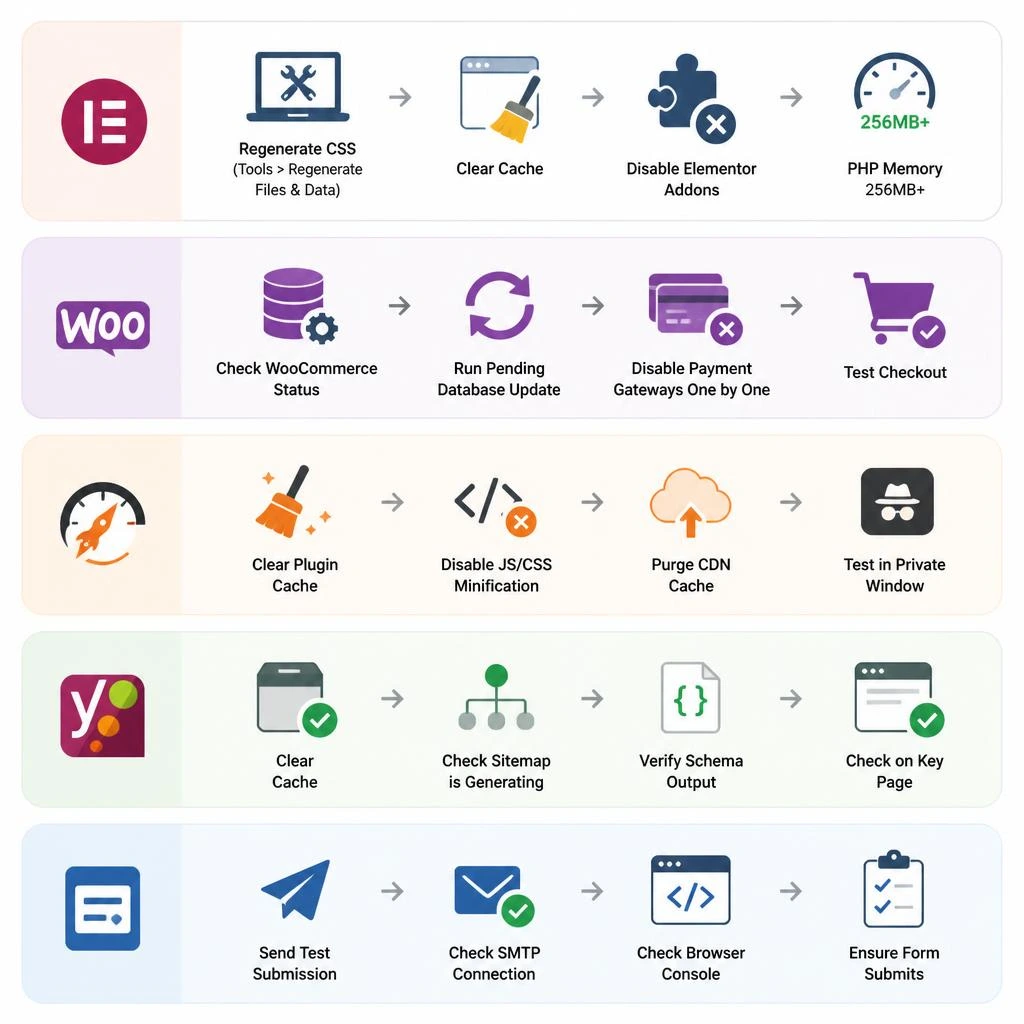 Plugin-specific fixes for Elementor, WooCommerce, caching plugins, and WordPress form plugins
