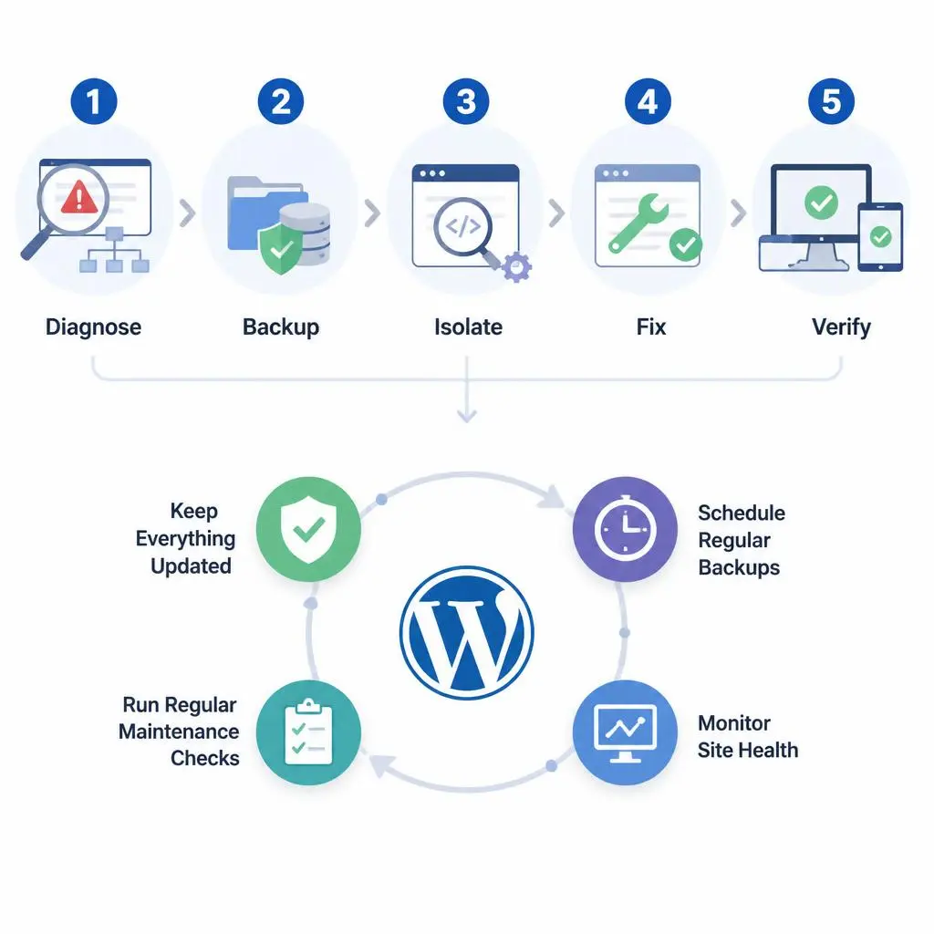 Step-by-step WordPress repair process from diagnosis to complete website recovery