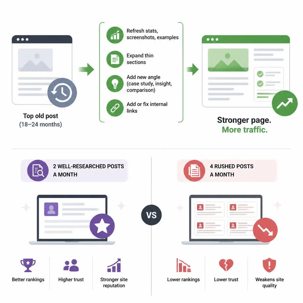 Illustration of existing website content being refreshed with updated keywords, improved headings, internal links, metadata, and SEO enhancements.