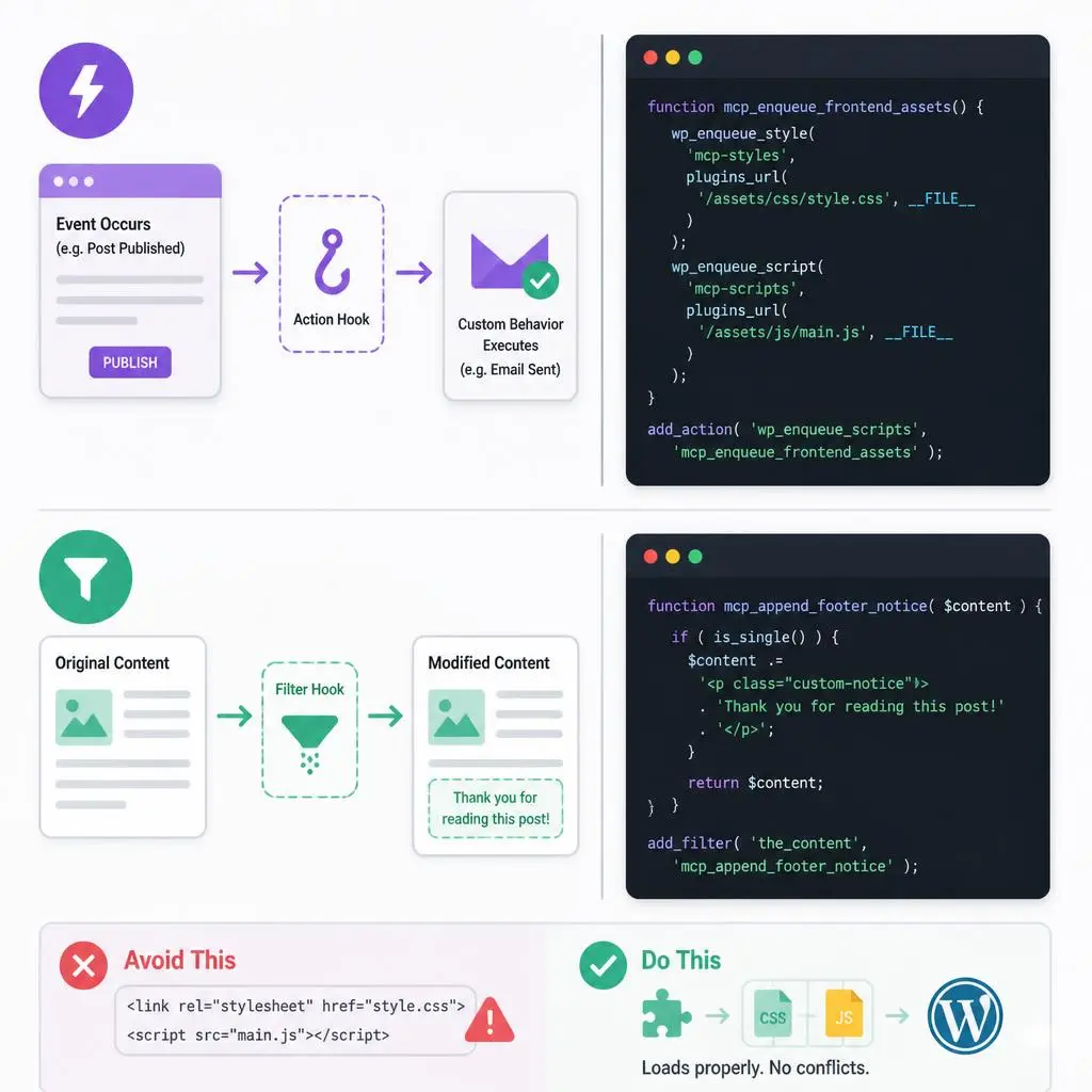 Working with WordPress hooks using actions and filters to customize website functionality.