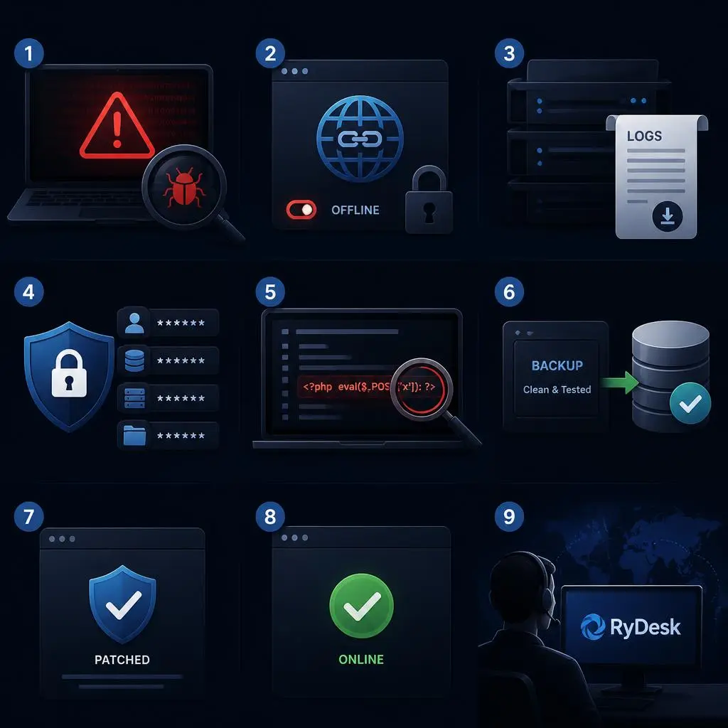 Illustration showing a hacked WordPress website being cleaned and restored with malware removal, security scanning, and recovery tools.