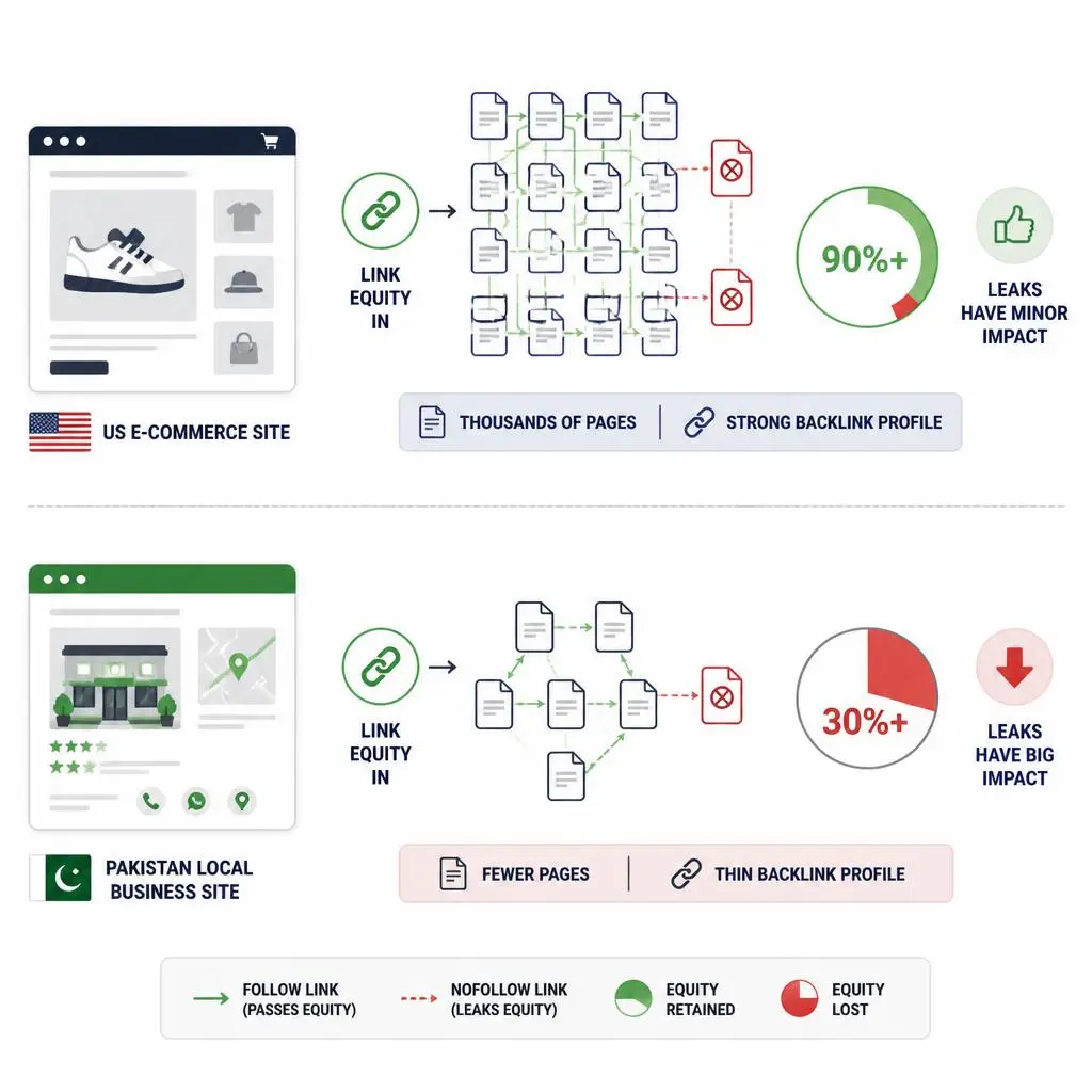 Illustration comparing SEO best practices for US and Pakistan websites, showing identical Google ranking factors, technical SEO, and optimization strategies.