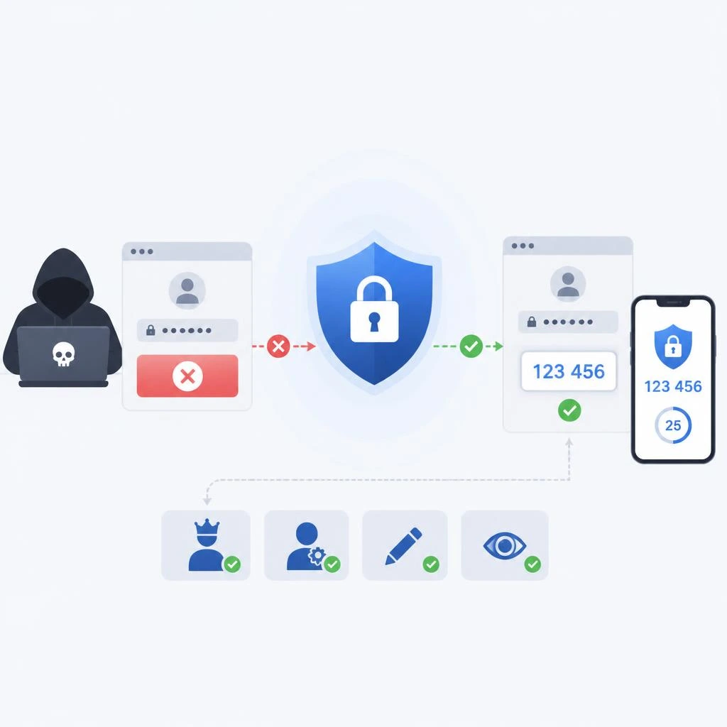 Illustration of Multi-Factor Authentication (MFA) protecting a WordPress login with a password, verification code, and security shield.