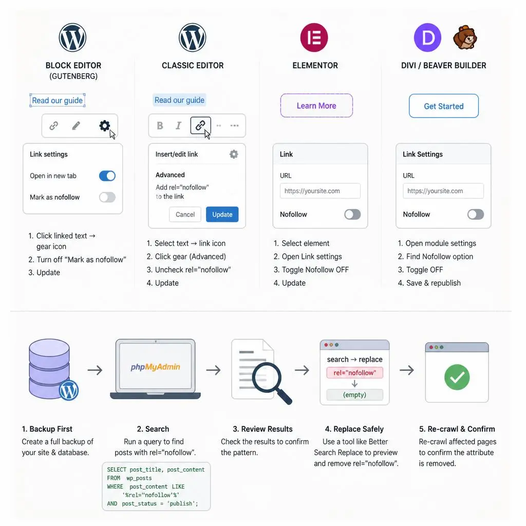 Illustration showing the process of removing the rel="nofollow" attribute from internal links in WordPress to improve SEO and crawlability.