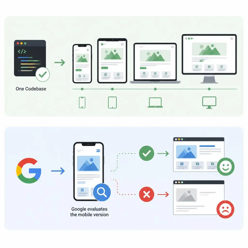 Illustration explaining responsive web design, mobile-friendly layouts, and why responsive websites are a key SEO ranking factor in 2026.