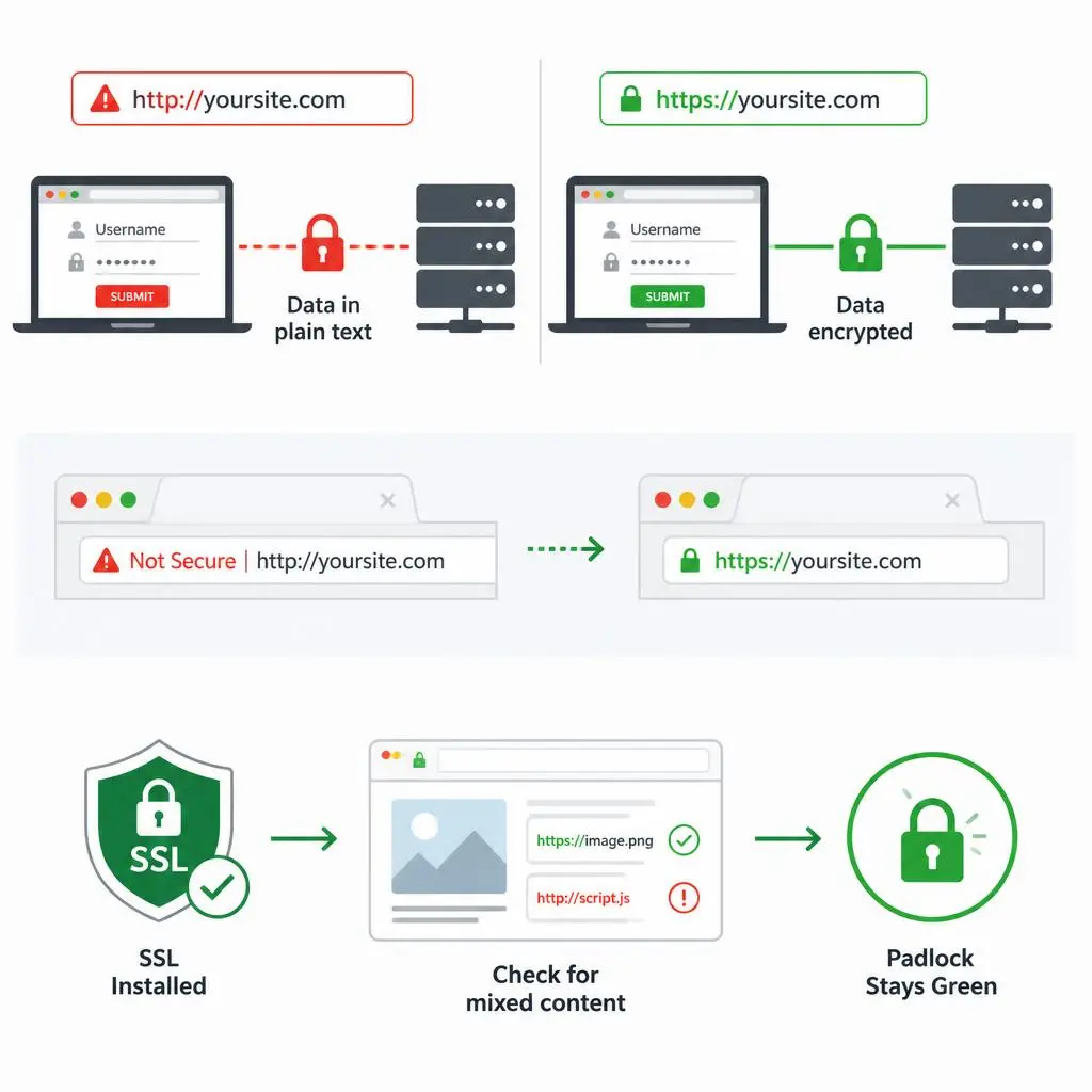 Website administrator installing SSL certificate and forcing HTTPS across a WordPress website with secure padlock, HTTPS browser address bar, and encrypted connection icons.