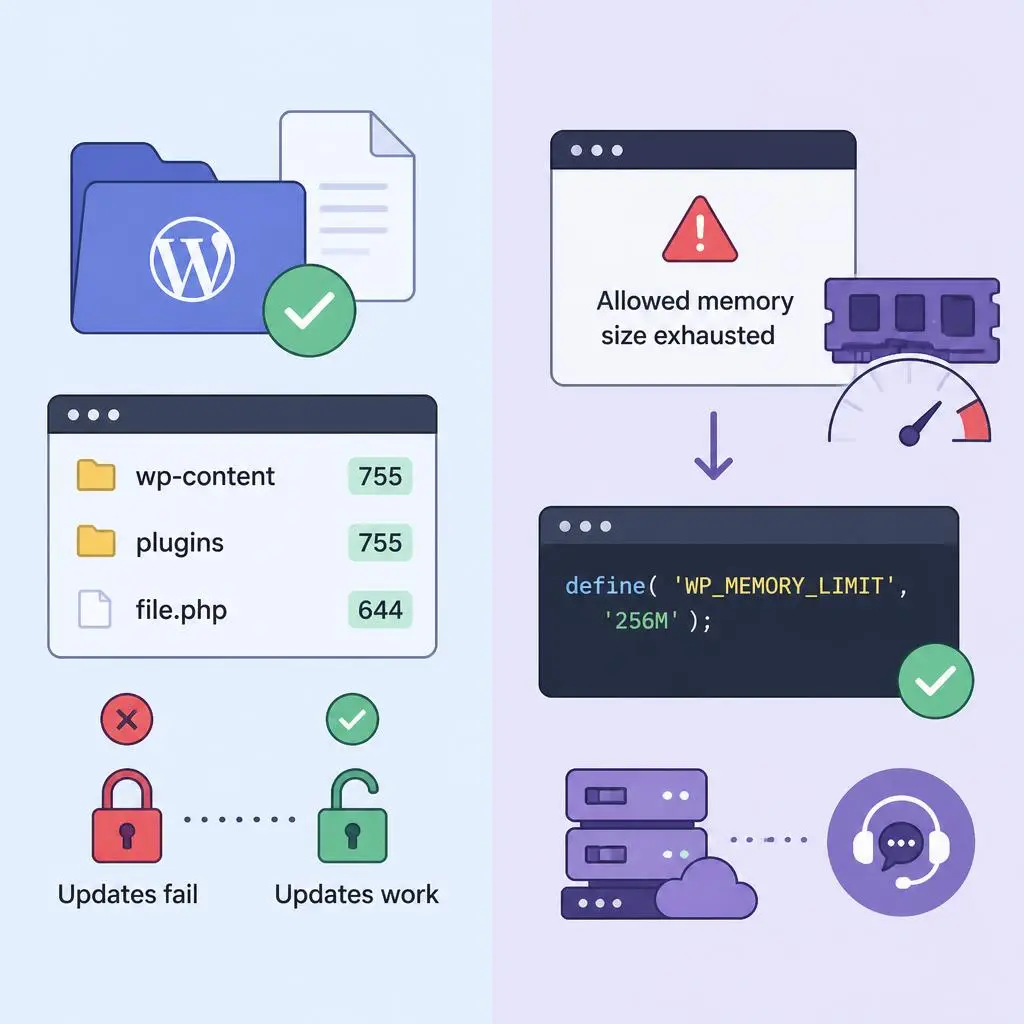 Fix WordPress file permissions and increase PHP memory limit
