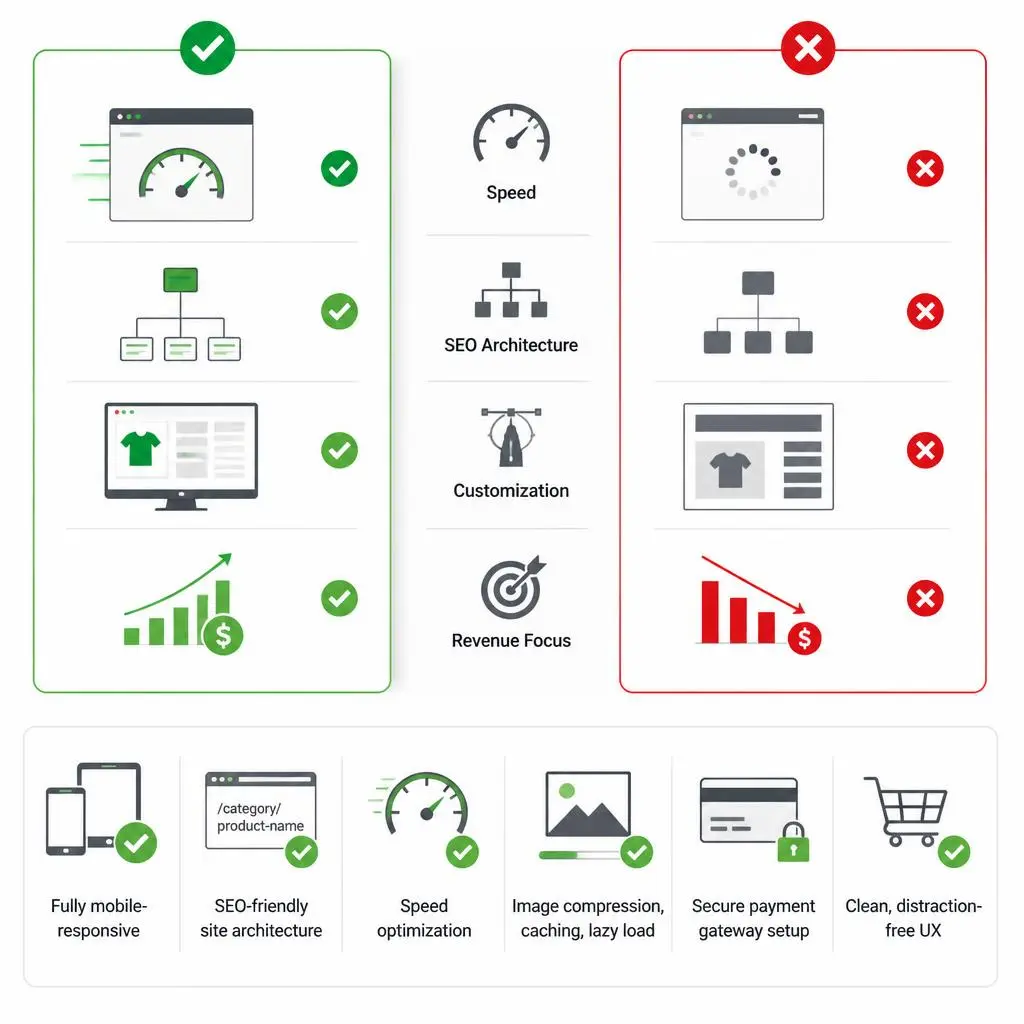 Illustration showcasing ecommerce web design packages with scalable website solutions, online store features, and conversion-focused design options.