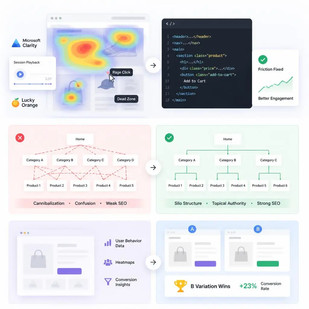 Illustration highlighting the benefits of professional ecommerce web design services, including custom development, SEO optimization, fast performance, and ongoing support.