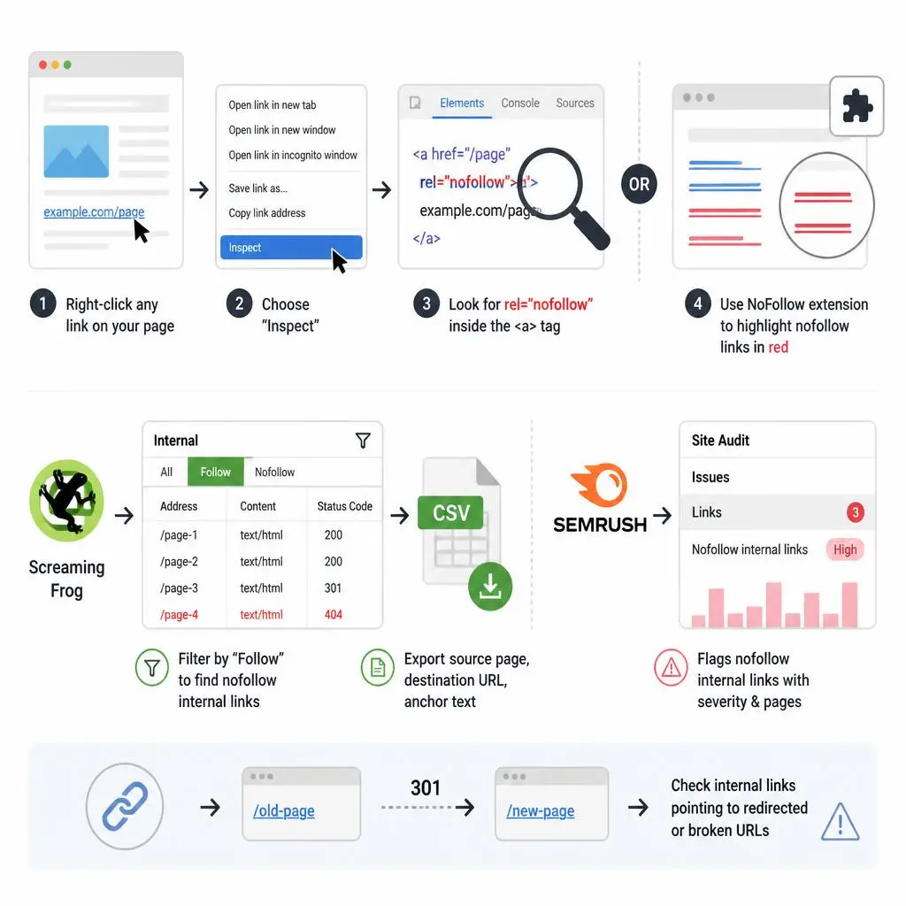Illustration showing how to identify internal nofollow links using SEO auditing tools, HTML link attributes, and website crawl analysis.