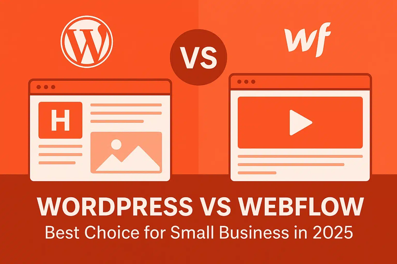 Comparison graphic showing WordPress and Webflow platforms with text 'WordPress vs Webflow – Best Choice for Small Business in 2025'"
