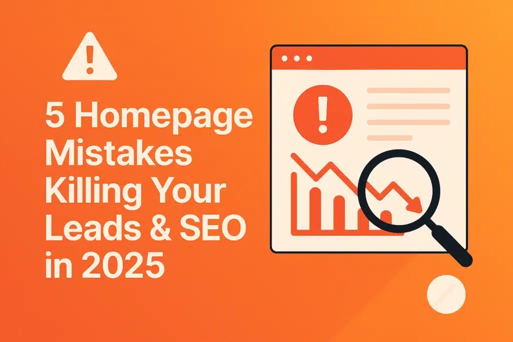 Illustration showing a warning sign, downward graph, and magnifying glass with text: '5 Homepage Mistakes Killing Your Leads & SEO in 2025' on an orange background