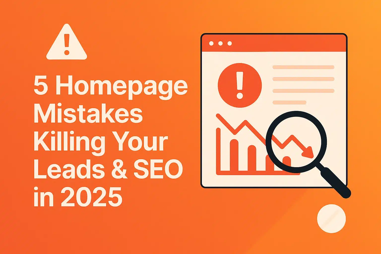 Illustration showing a warning sign, downward graph, and magnifying glass with text: '5 Homepage Mistakes Killing Your Leads & SEO in 2025' on an orange background