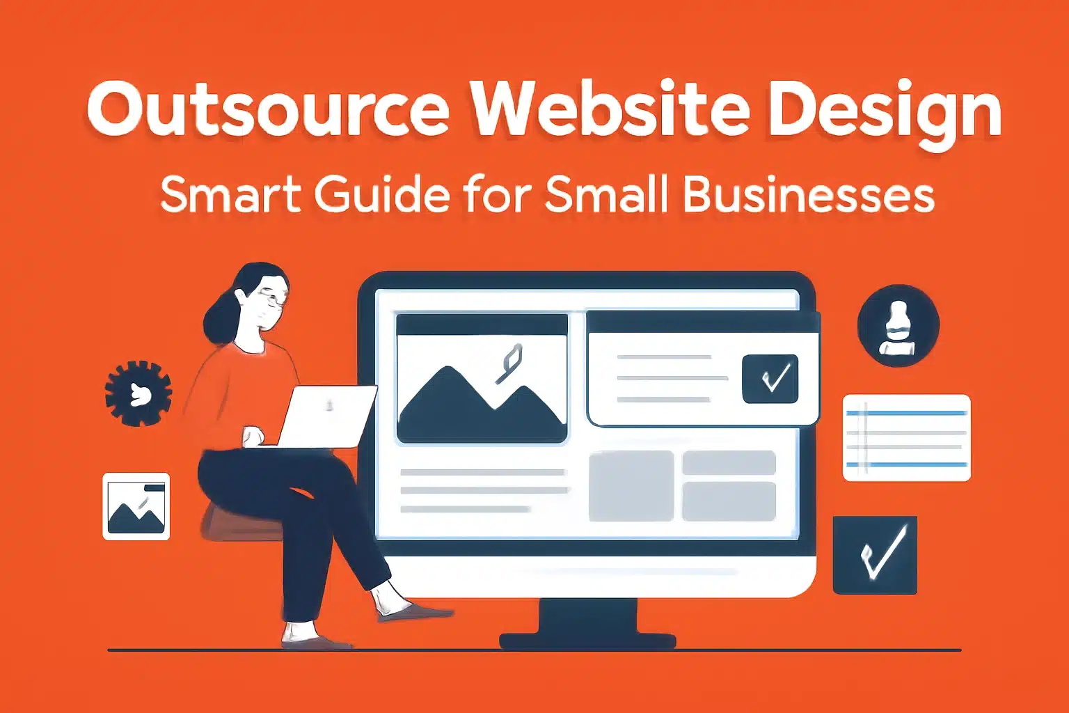 Illustration of a woman working on a laptop with a website design displayed on a large screen, surrounded by icons representing design elements, such as images and checkmarks, on an orange background. The text 'Outsource Website Design: Smart Guide for Small Businesses' is displayed above.
