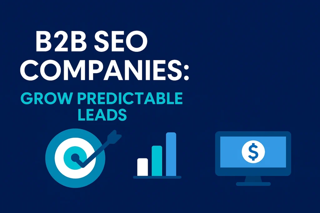 Thumbnail banner for article titled ‘B2B SEO Companies: Grow Predictable Leads’ featuring bold white and turquoise text on a dark blue background with icons of a target, bar chart, and computer monitor with a dollar sign.