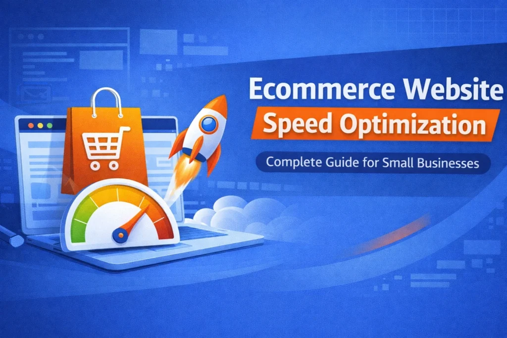 Graphic illustrating a guide on ecommerce website speed optimization, with a rocket symbolizing speed and a shopping cart, aimed at helping small businesses enhance site performance.