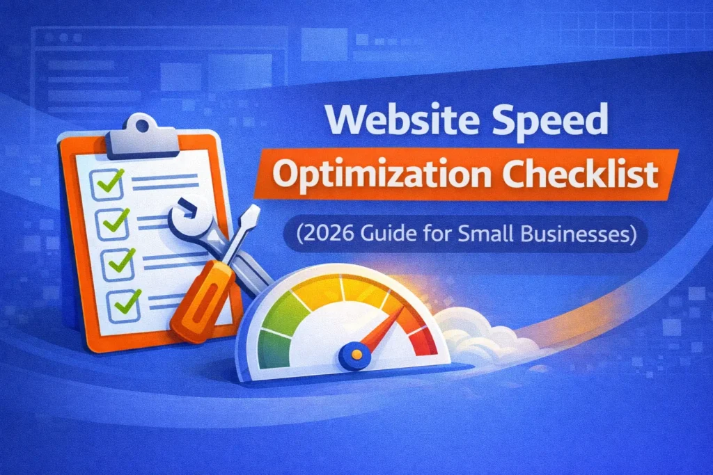 Illustration of a website speed optimization checklist with a clipboard, checkmarks, tools, and a performance speed gauge meter, labeled as a 2026 guide for small businesses.