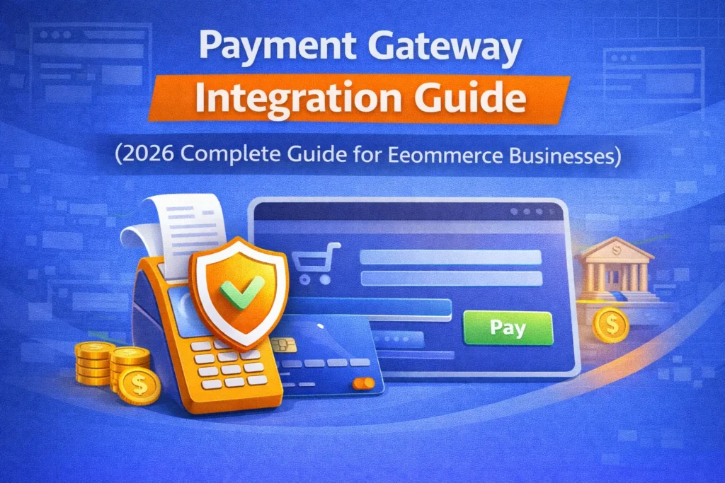 A digital illustration of a payment gateway integration guide, featuring a secure payment process with a calculator, coins, credit card, and a shopping cart. The background displays icons related to online transactions and security.