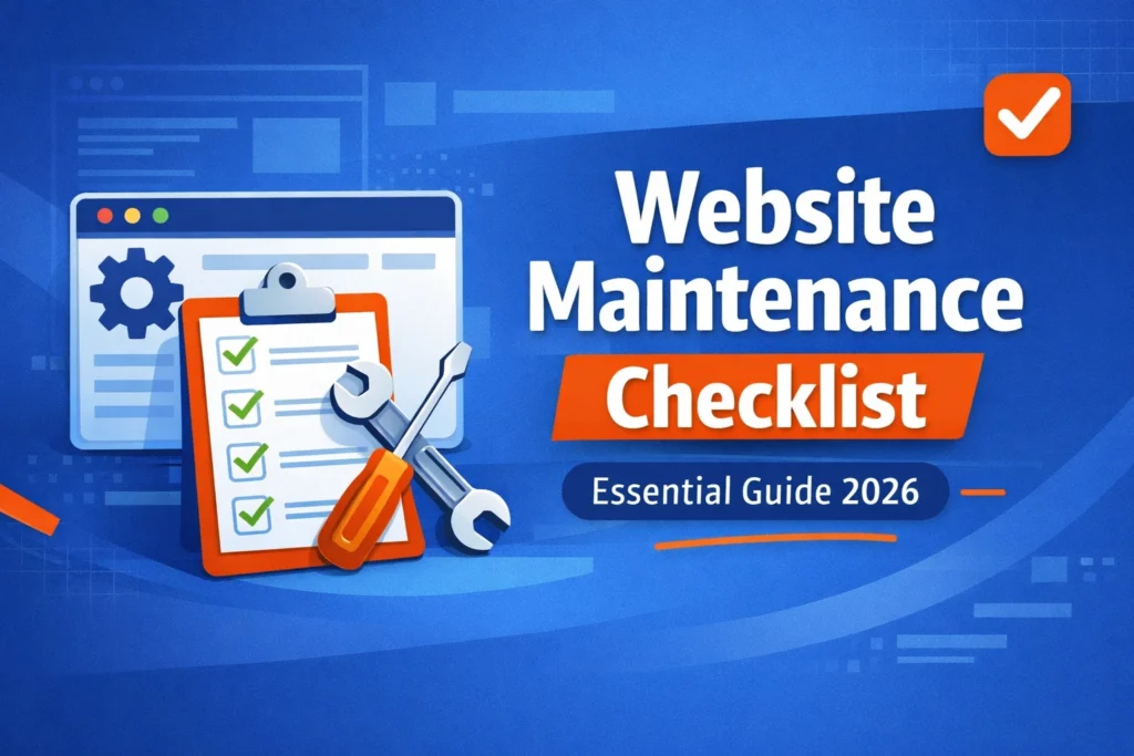 Infographic presenting a comprehensive website maintenance checklist for 2026, covering key maintenance tasks to ensure a website stays optimized, secure, and functional.