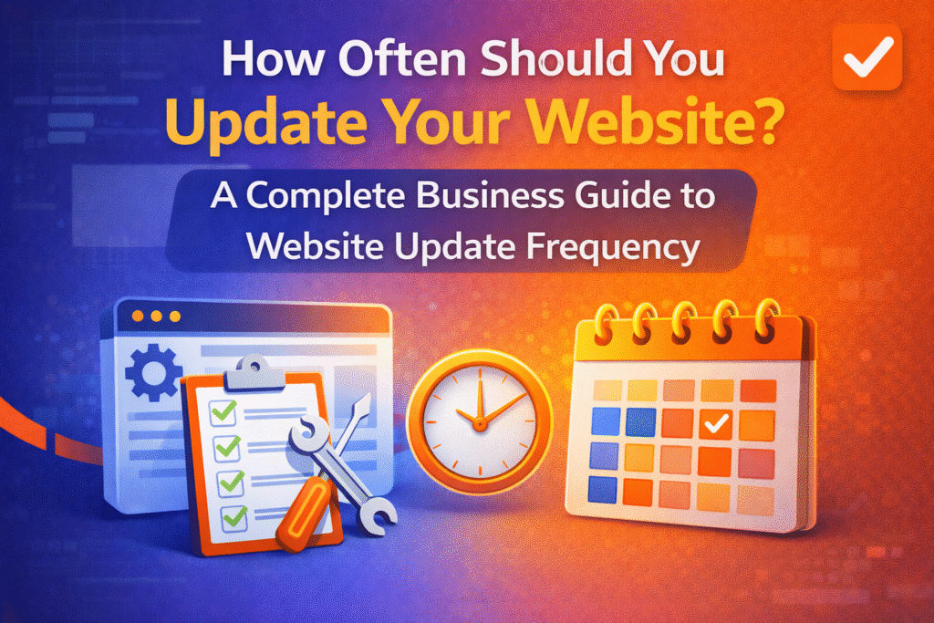 A guide on the recommended frequency of website updates, featuring visuals of a calendar, clock, and tools, indicating the importance of regular updates for business websites.