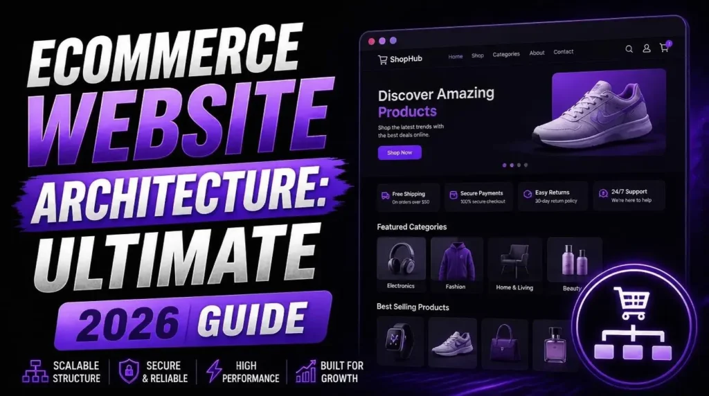 Ecommerce website architecture diagram showing category structure, product pages, internal linking, SEO hierarchy, and user navigation flow.