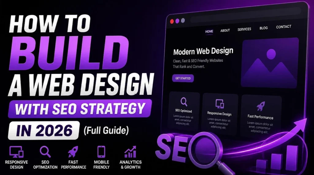 Web designer creating an SEO-focused website strategy with responsive design, search rankings, user experience, and technical SEO elements in 2026.