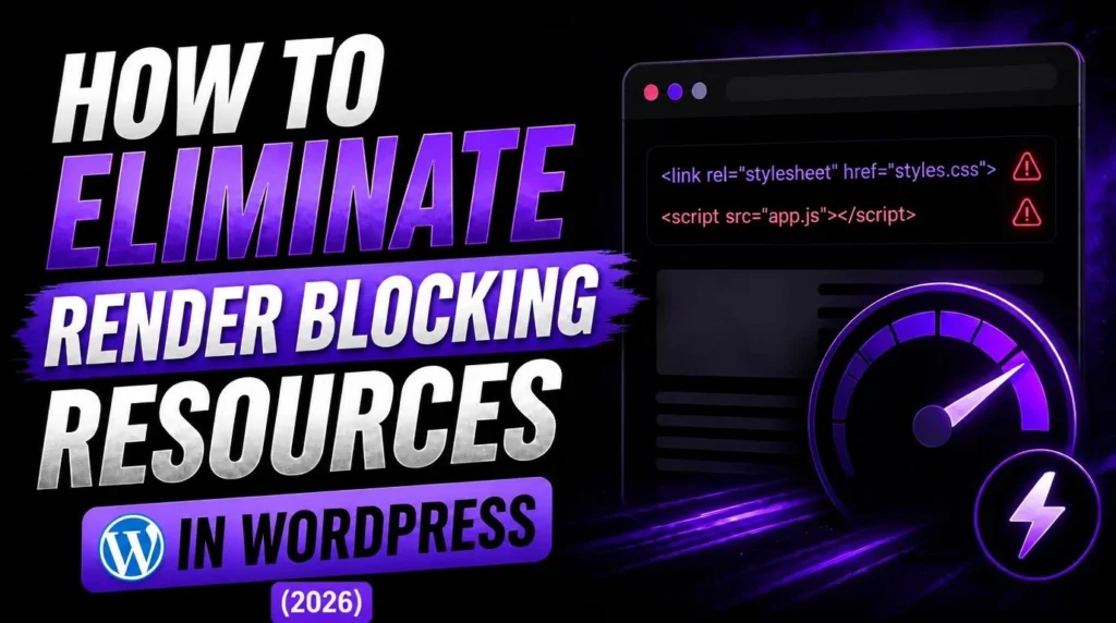 WordPress website performance optimization showing how to eliminate render-blocking resources for faster page loading in 2026.
