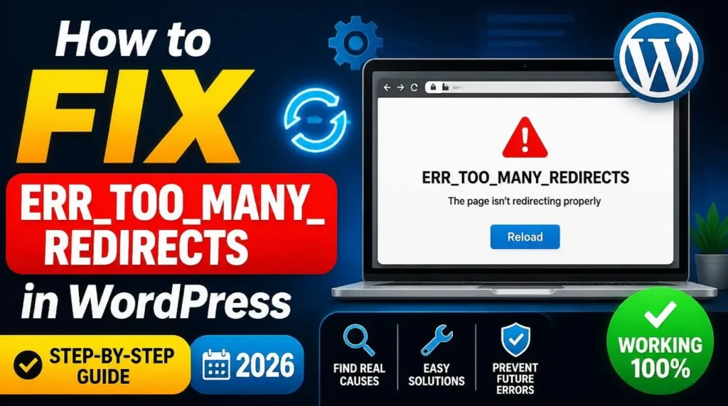 ERR_TOO_MANY_REDIRECTS error displayed in Google Chrome browser on a WordPress site