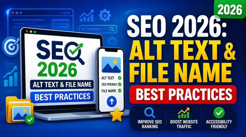 Step by step guide graphic showing Google image SEO best practices for alt text and file names.