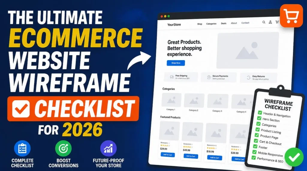 The Ultimate Ecommerce Website Wireframe Checklist for 2026 thumbnail with ecommerce wireframe layout, homepage structure, and UX planning elements.