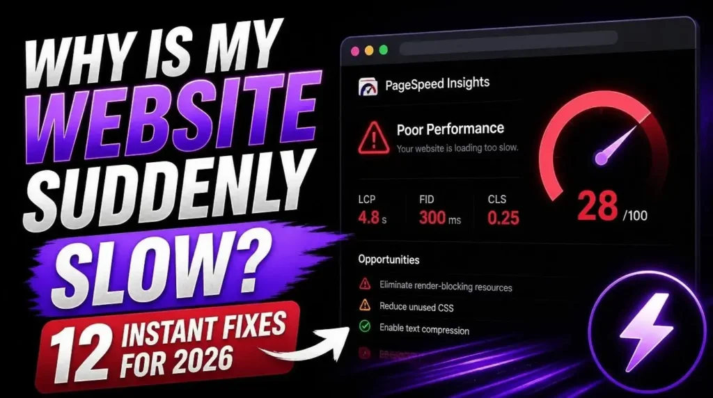 Website speed troubleshooting thumbnail showing causes of a suddenly slow website and 12 instant fixes for better performance in 2026.