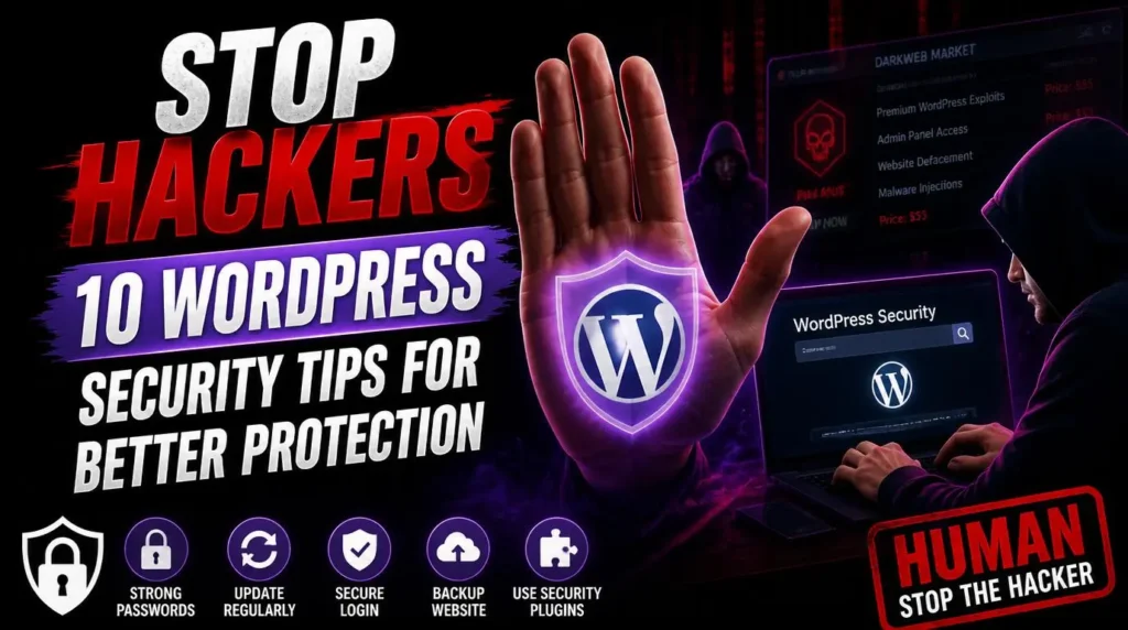 WordPress security thumbnail featuring a protected website with security shield, lock icon, firewall, and hacker protection elements.