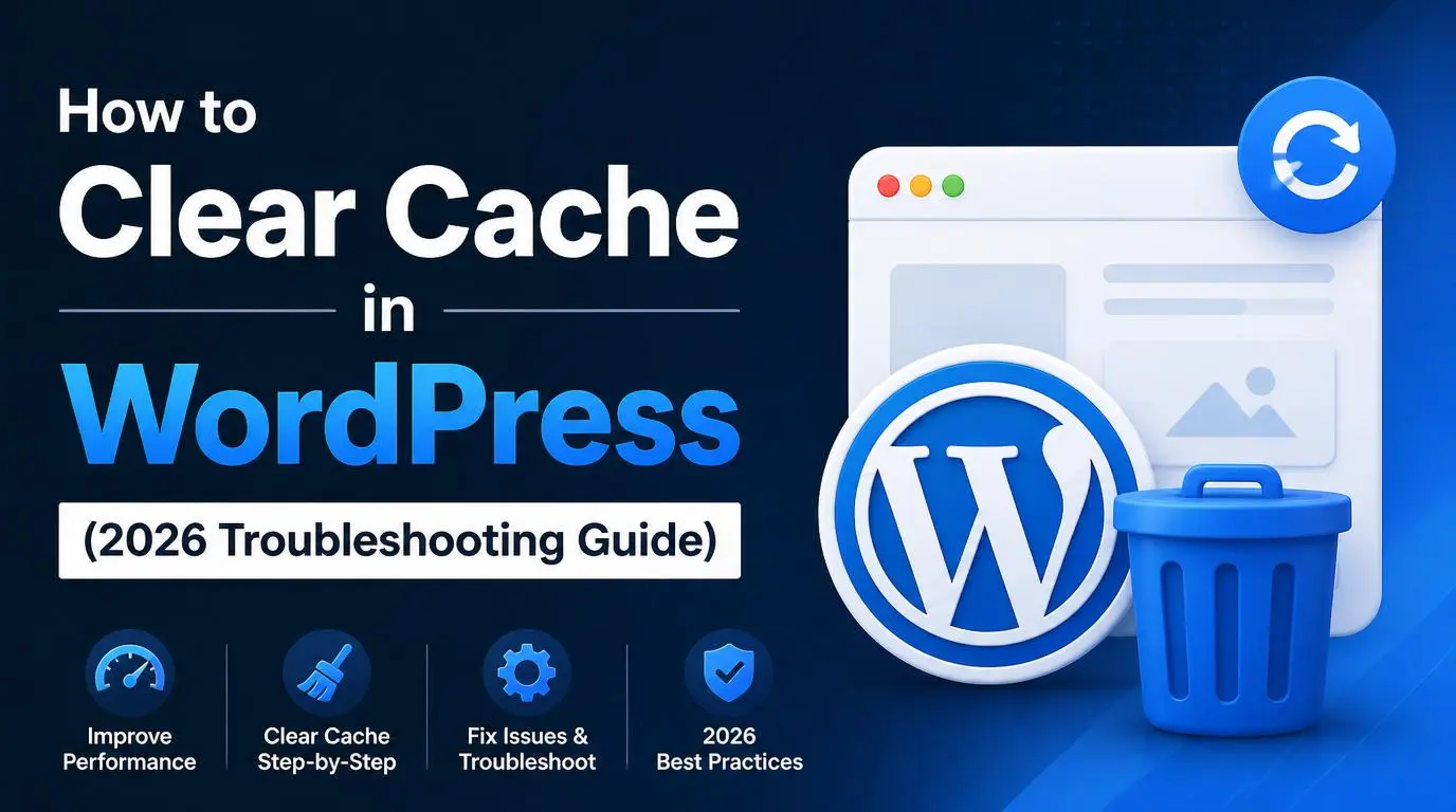 WordPress cache clearing thumbnail showing website speed optimization, cache refresh, and troubleshooting tools for improved performance.