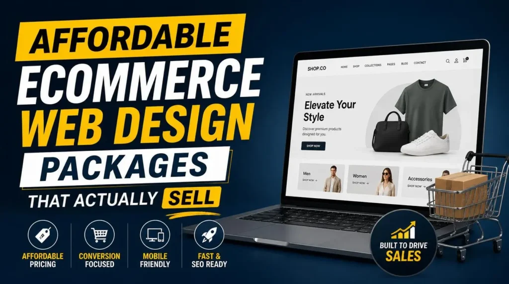 Thumbnail showcasing affordable ecommerce web design packages with online store layouts, shopping cart, product pages, and conversion-focused design elements.