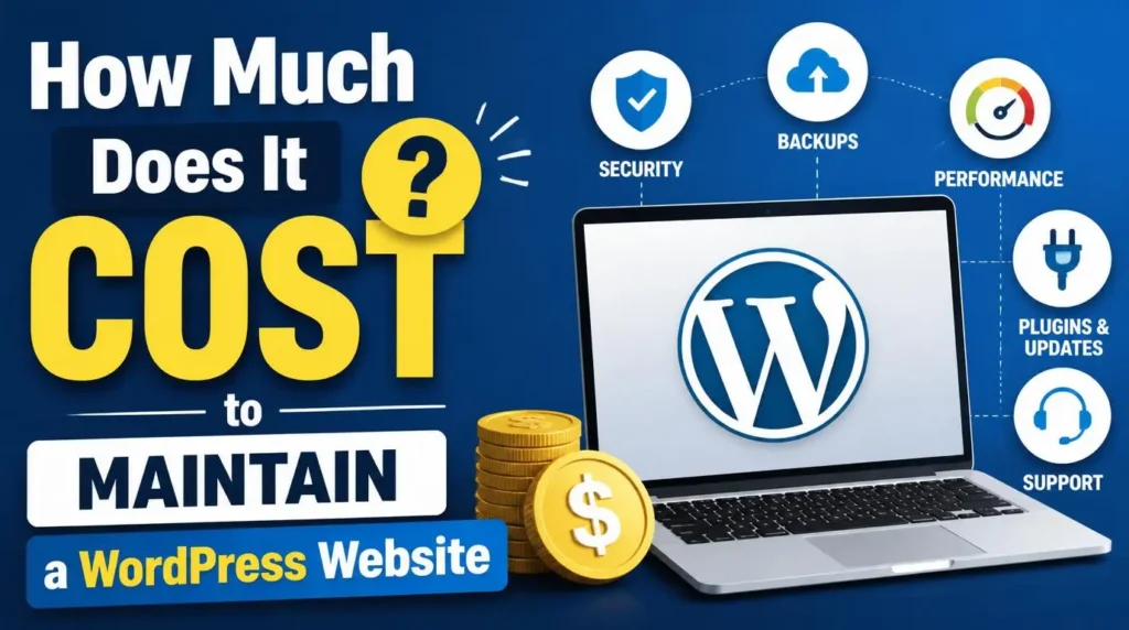 WordPress website maintenance cost guide showing website updates, hosting, security, backups, and monthly maintenance expenses for 2026.