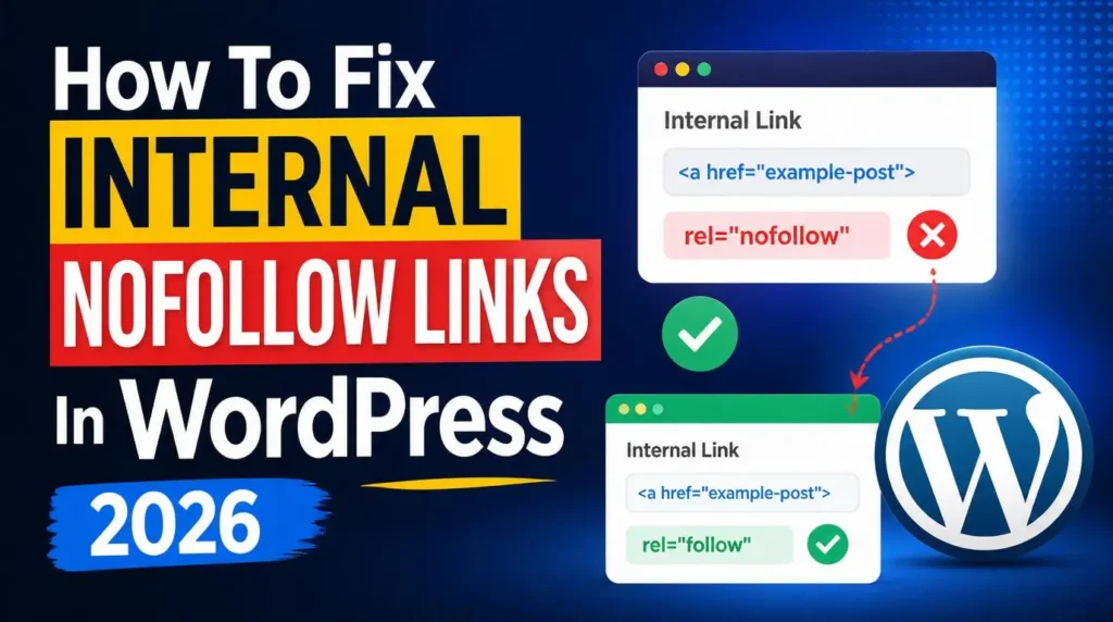 Thumbnail illustrating WordPress internal nofollow link fixes with website structure, SEO optimization, crawl paths, and internal linking elements.