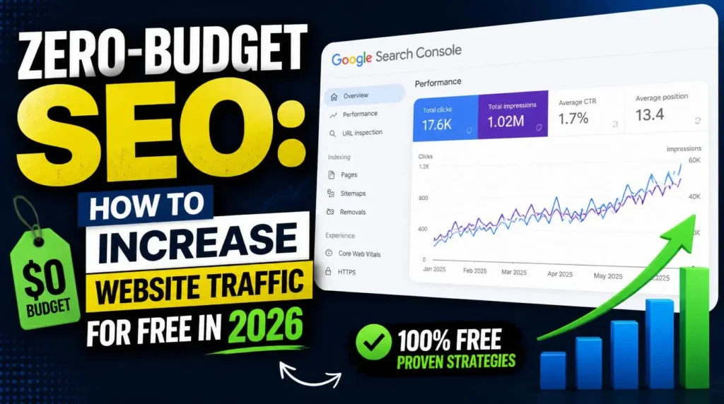 Thumbnail illustrating zero-budget SEO strategies with organic traffic growth, search engine rankings, keyword optimization, and free website marketing.