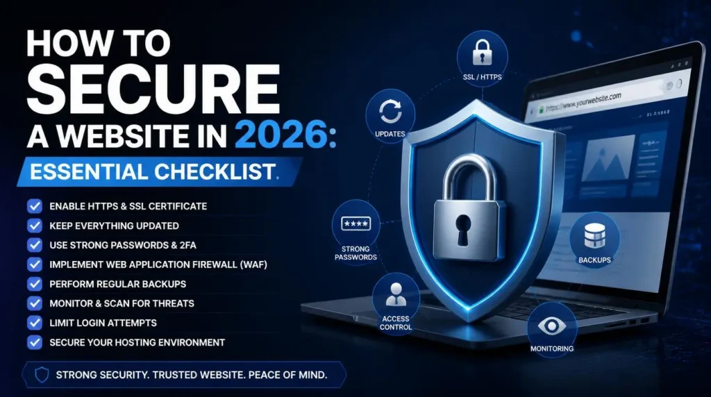 Website Security Checklist 2026: Laptop with shield and padlock icon