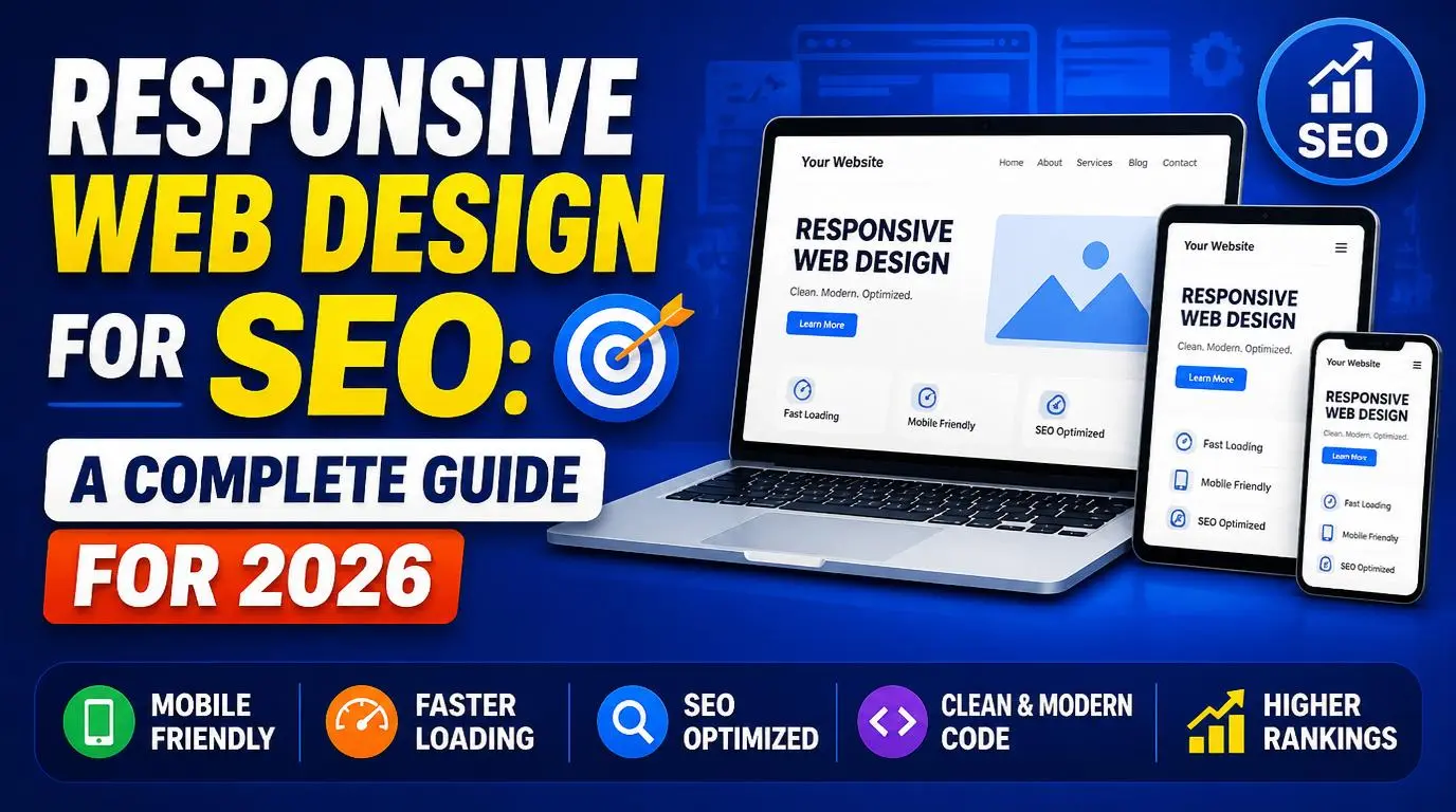 Responsive web design for SEO showing a website adapting across desktop, tablet, and mobile devices for improved search rankings and user experience.