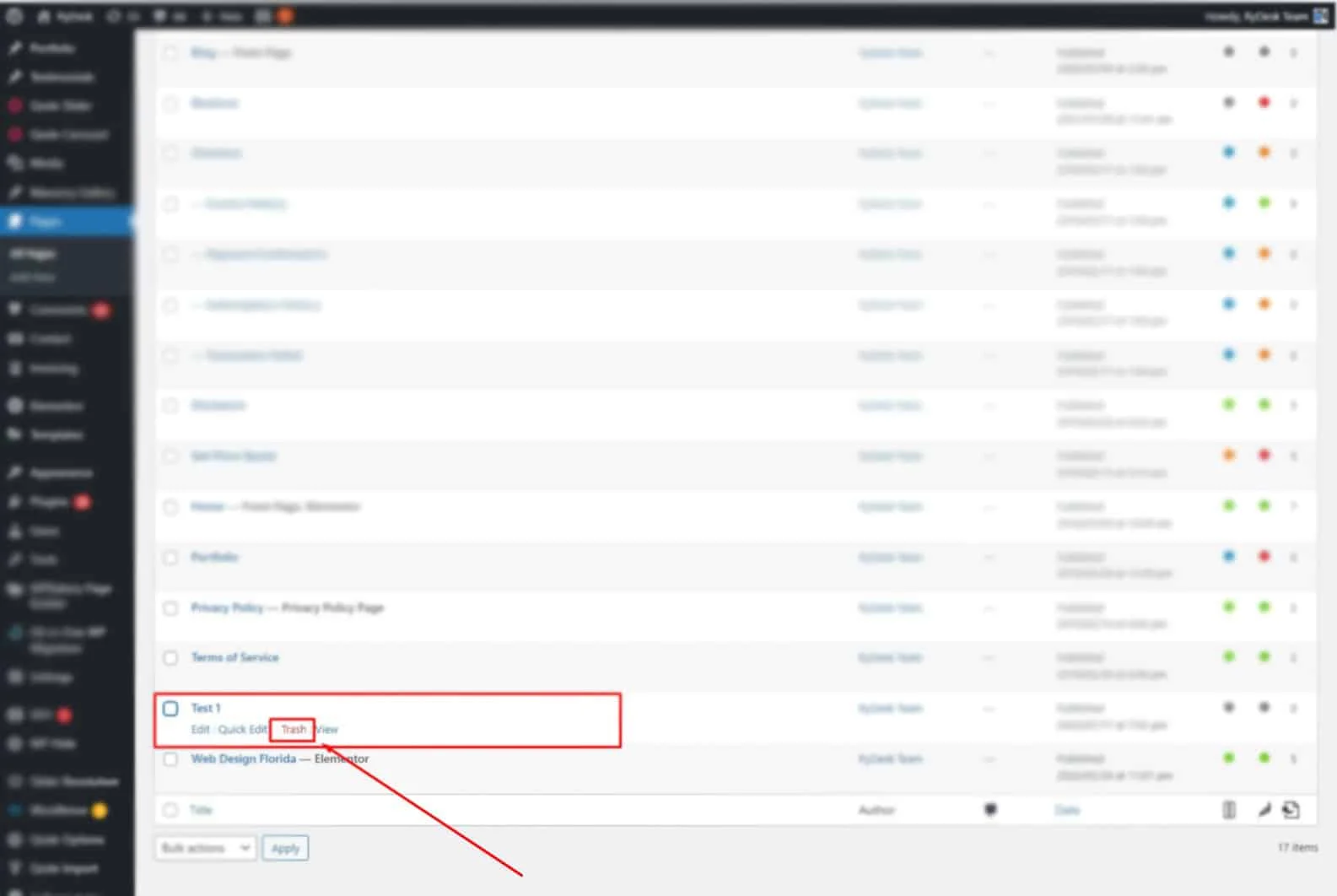 Click on trash button to delete the page in wordpress