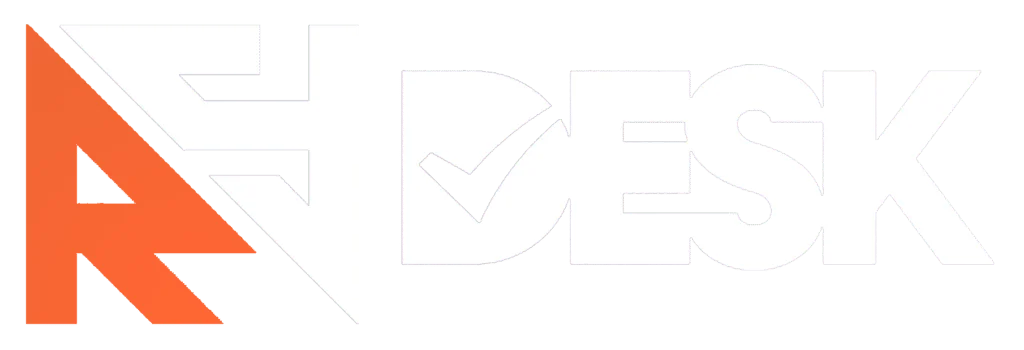 "RYdesk logo with stylized bold letters, featuring an orange 'R' design element and a white 'DESK' text on a light background.