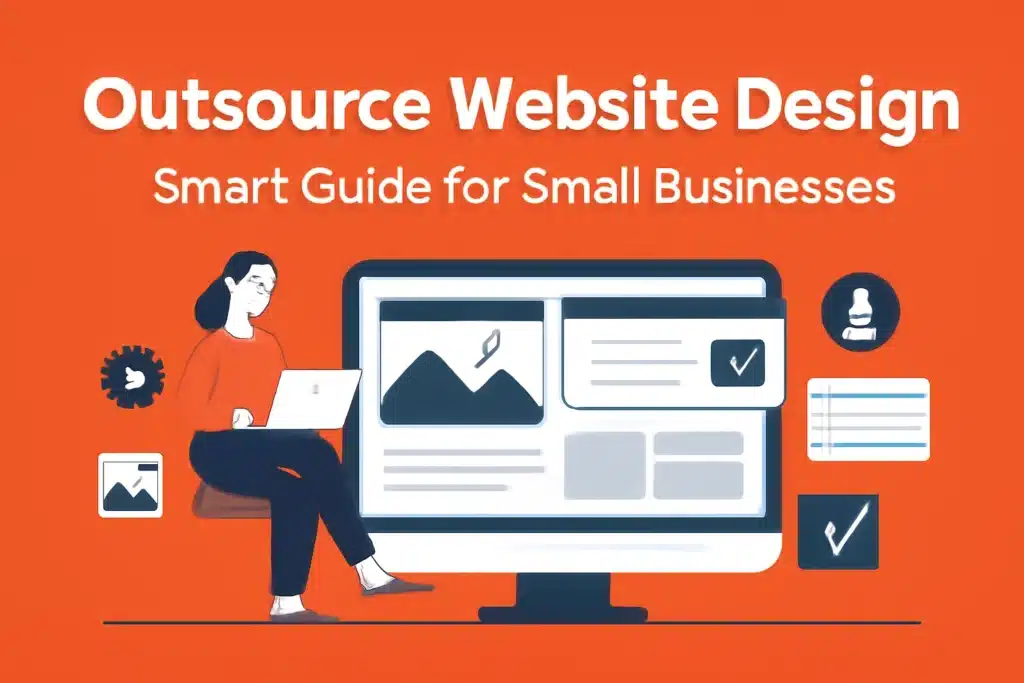 Illustration of a woman working on a laptop with a website design displayed on a large screen, surrounded by icons representing design elements, such as images and checkmarks, on an orange background. The text 'Outsource Website Design: Smart Guide for Small Businesses' is displayed above.
