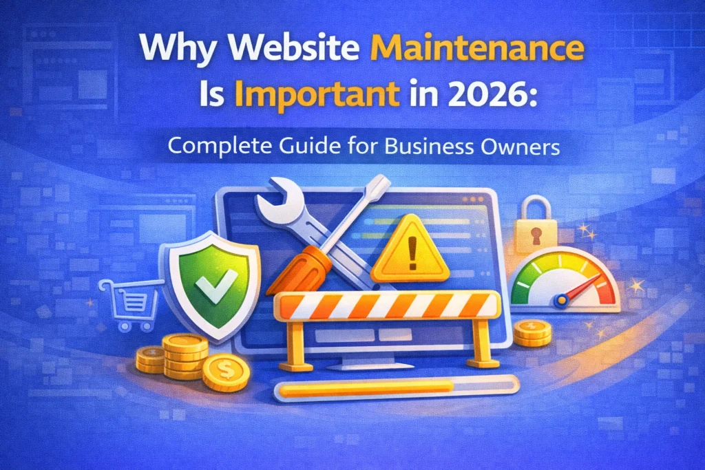 A visual guide to website maintenance in 2026, showing symbols of security, caution, tools, and business elements like coins and a shopping cart. The image emphasizes the importance of website upkeep for business owners.