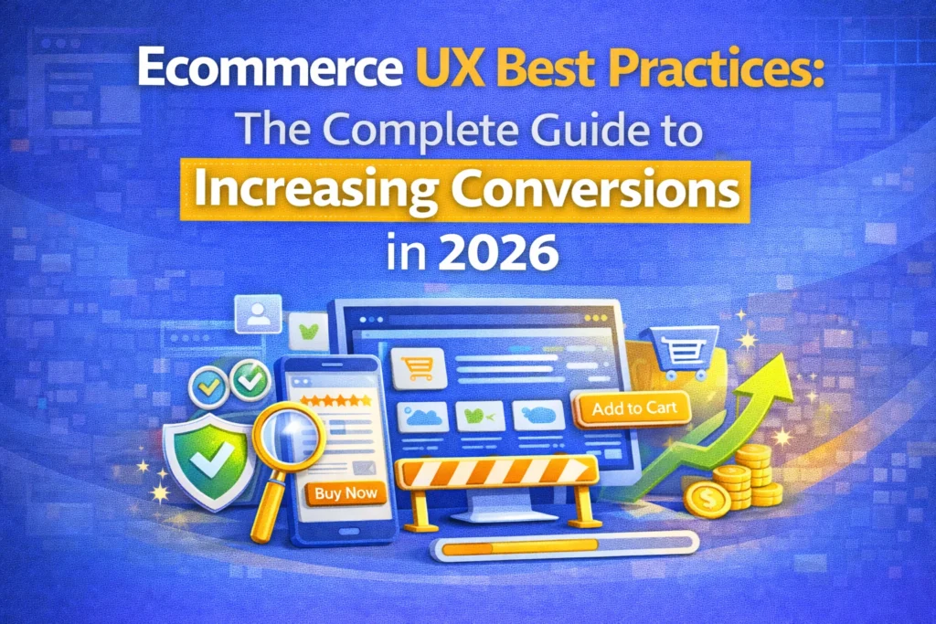 A visual guide featuring a mobile phone, desktop screen, shopping cart, and icons representing ecommerce conversion strategies for 2026.